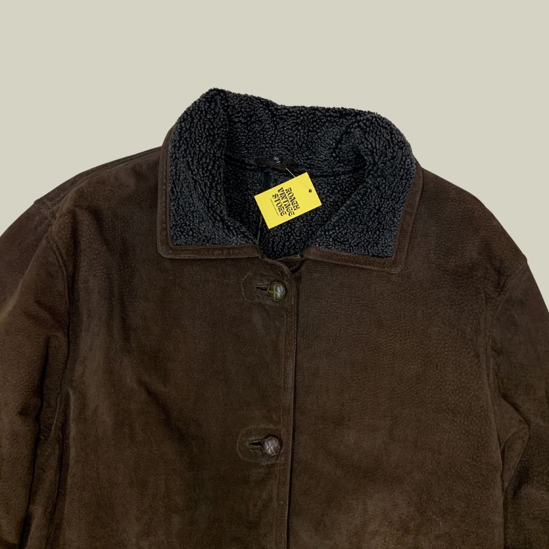 Vintage Brown Shearling Coat – Faux Suede Winter Jacket (L)