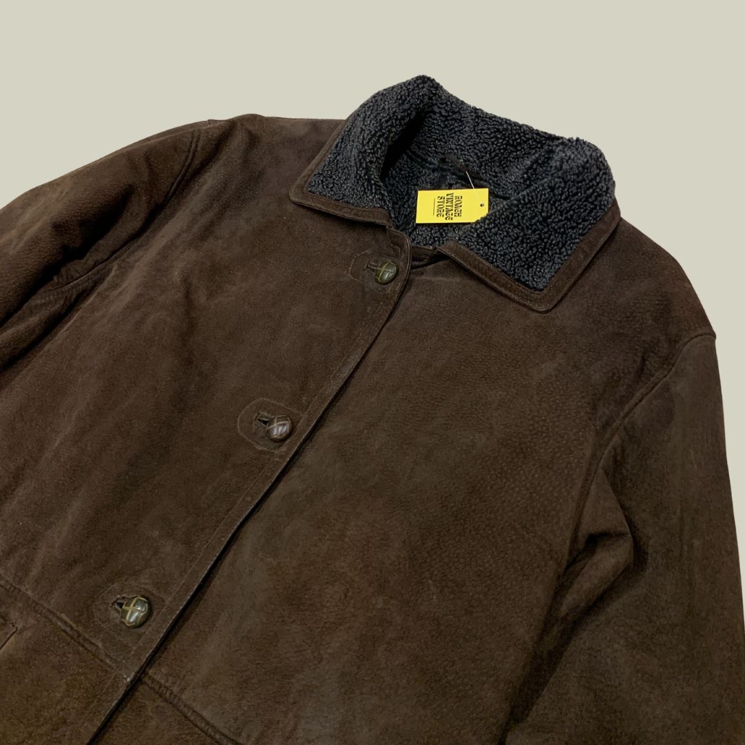 Vintage Brown Shearling Coat – Faux Suede Winter Jacket (L)