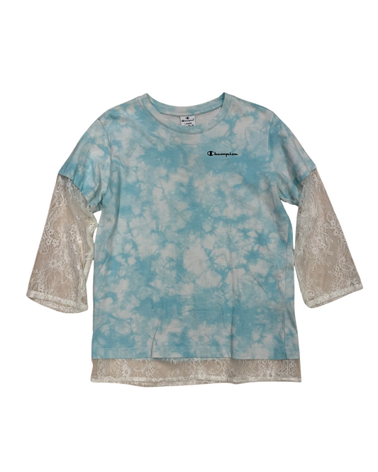 Champion Ice Tie-Dye Tee + Lace Trim – L (Reworked)