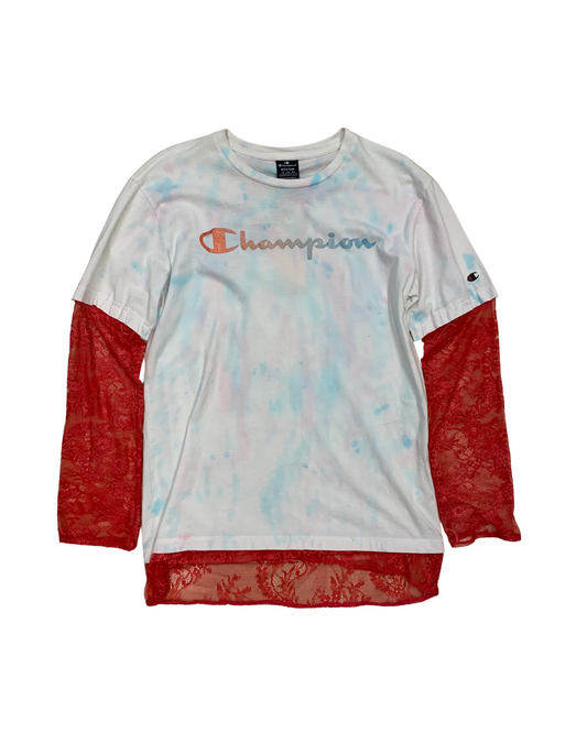 Champion Pastel Tie-Dye Tee + Lace Sleeves – M (Reworked)