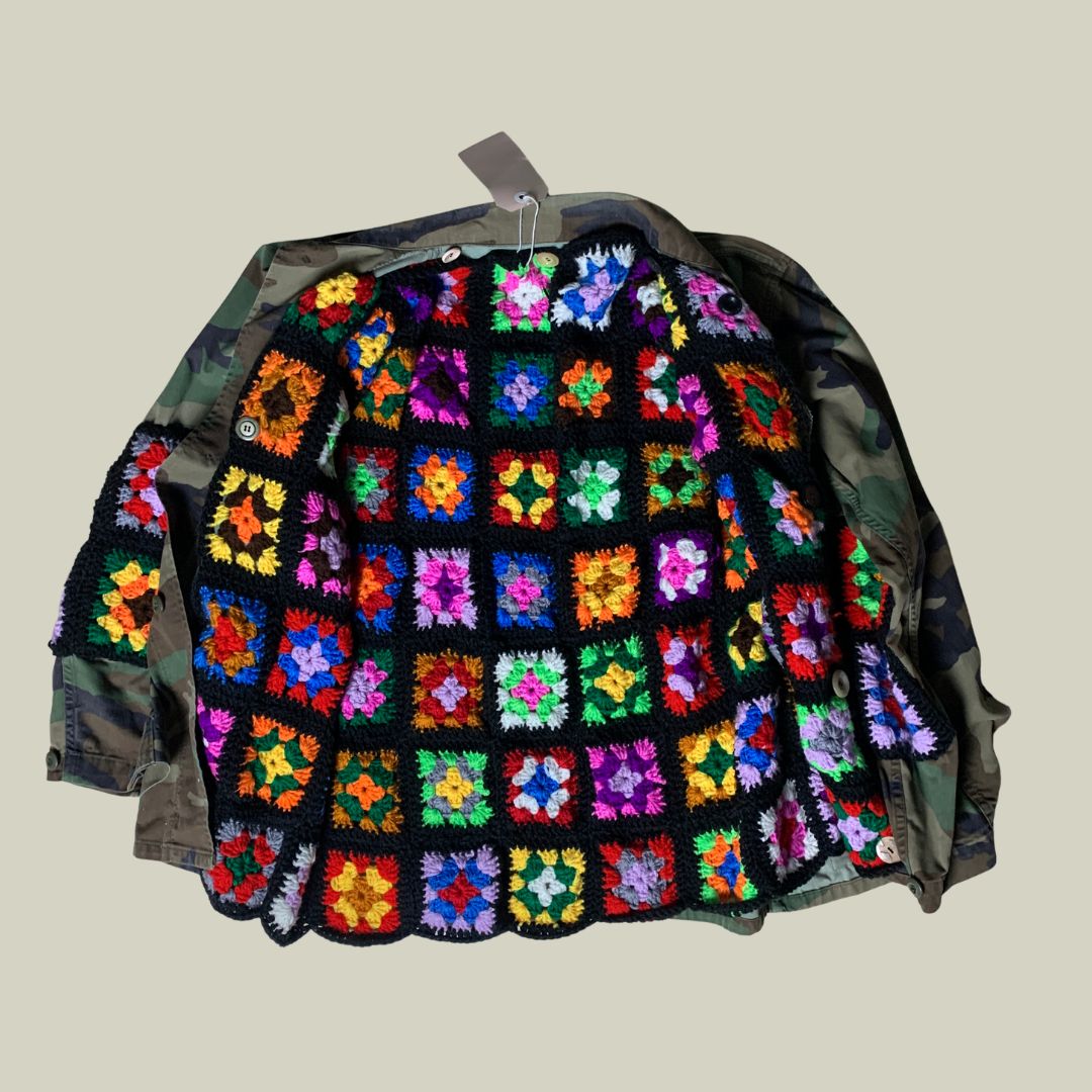 Customized U.S. Army Woodland Jacket – Crochet Patchwork Liner (M)