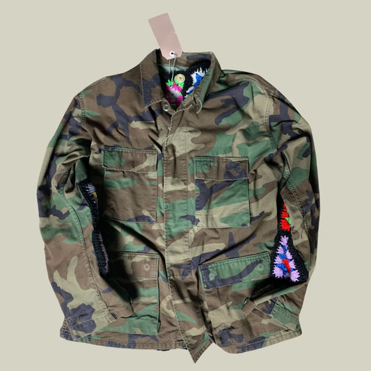 Customized U.S. Army Woodland Jacket – Crochet Patchwork Liner (M)