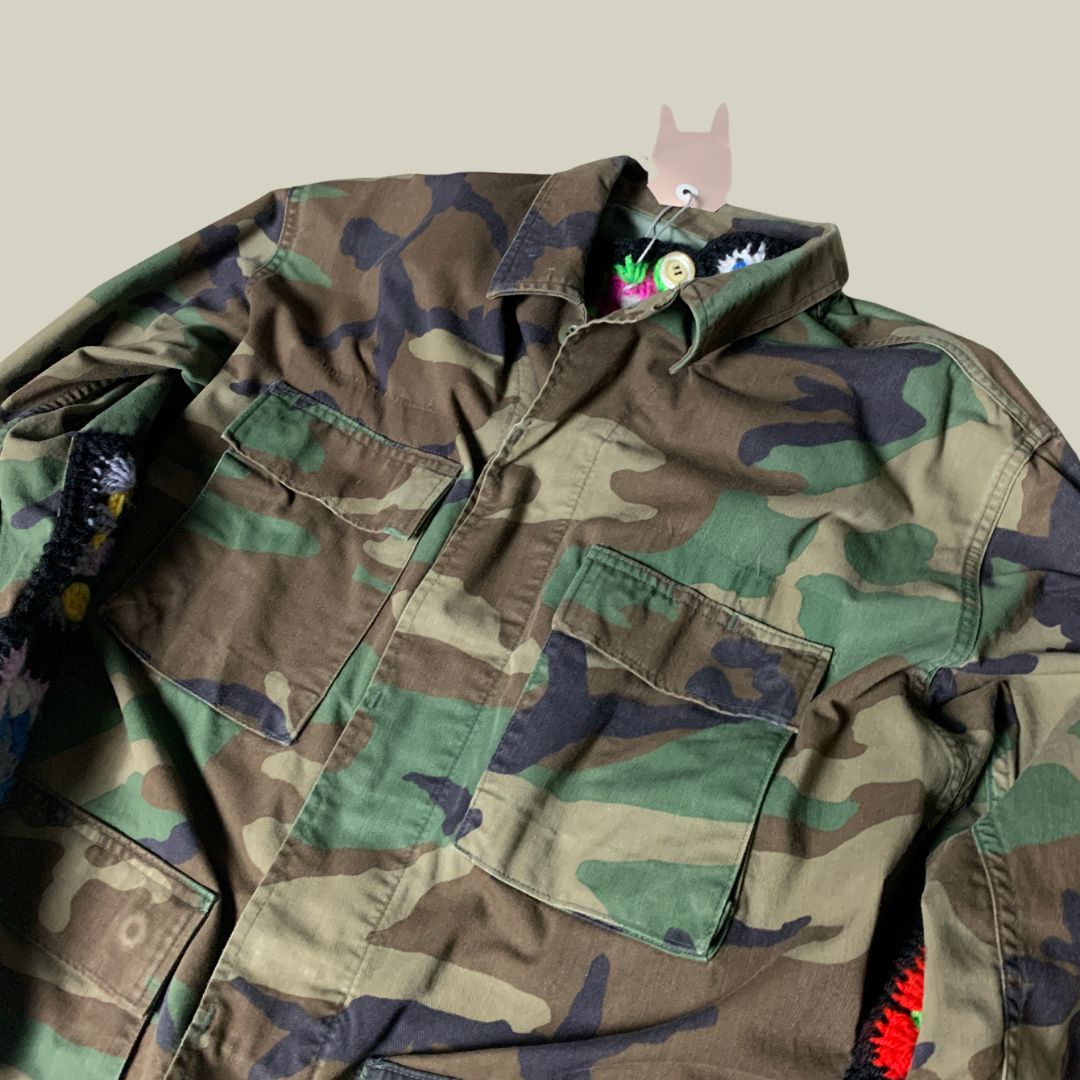 Customized U.S. Army Woodland Jacket – Crochet Patchwork Liner (M)