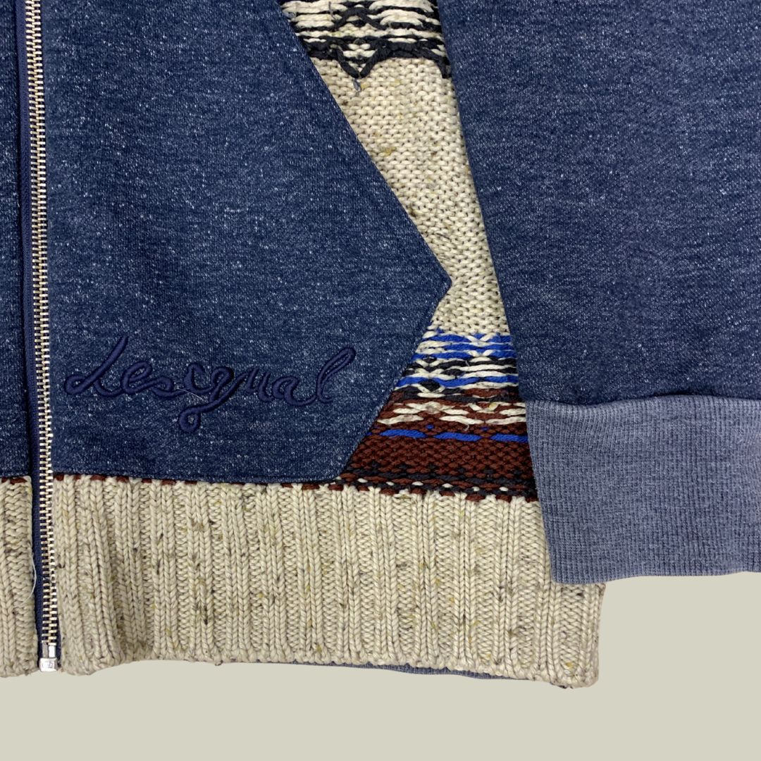 Vtg Desigual Hooded Knit-Panel Zip Sweatshirt – Blue & Earth Tones – Size M