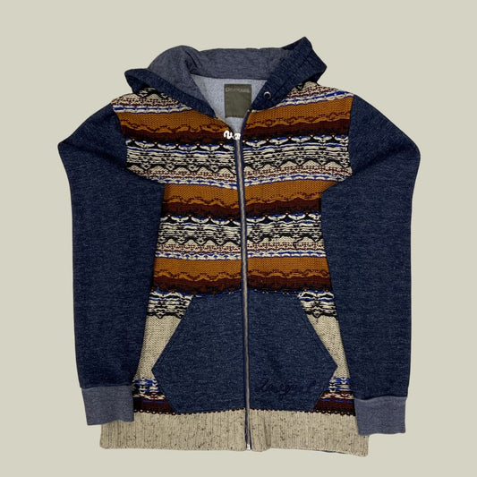 Vtg Desigual Hooded Knit-Panel Zip Sweatshirt – Blue & Earth Tones – Size M