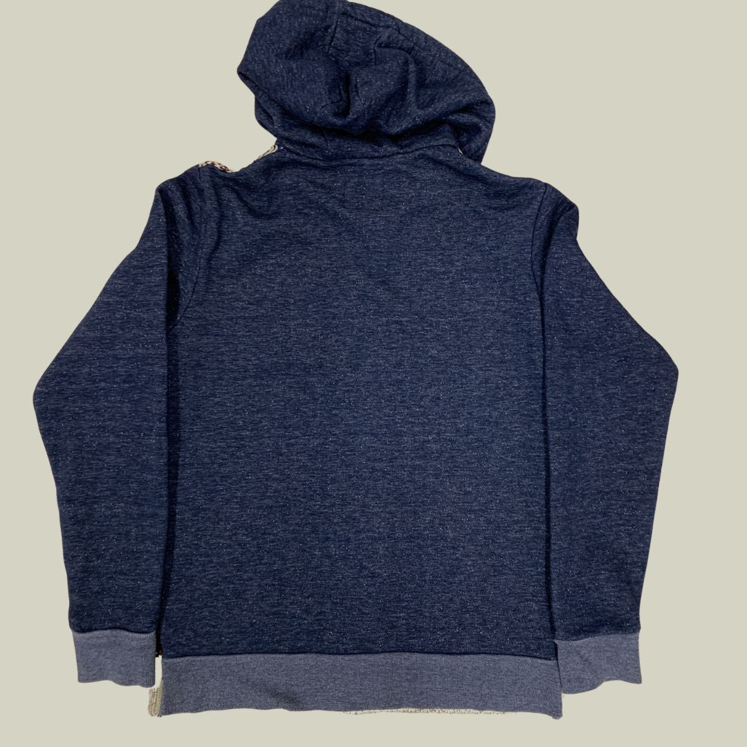 Vtg Desigual Hooded Knit-Panel Zip Sweatshirt – Blue & Earth Tones – Size M