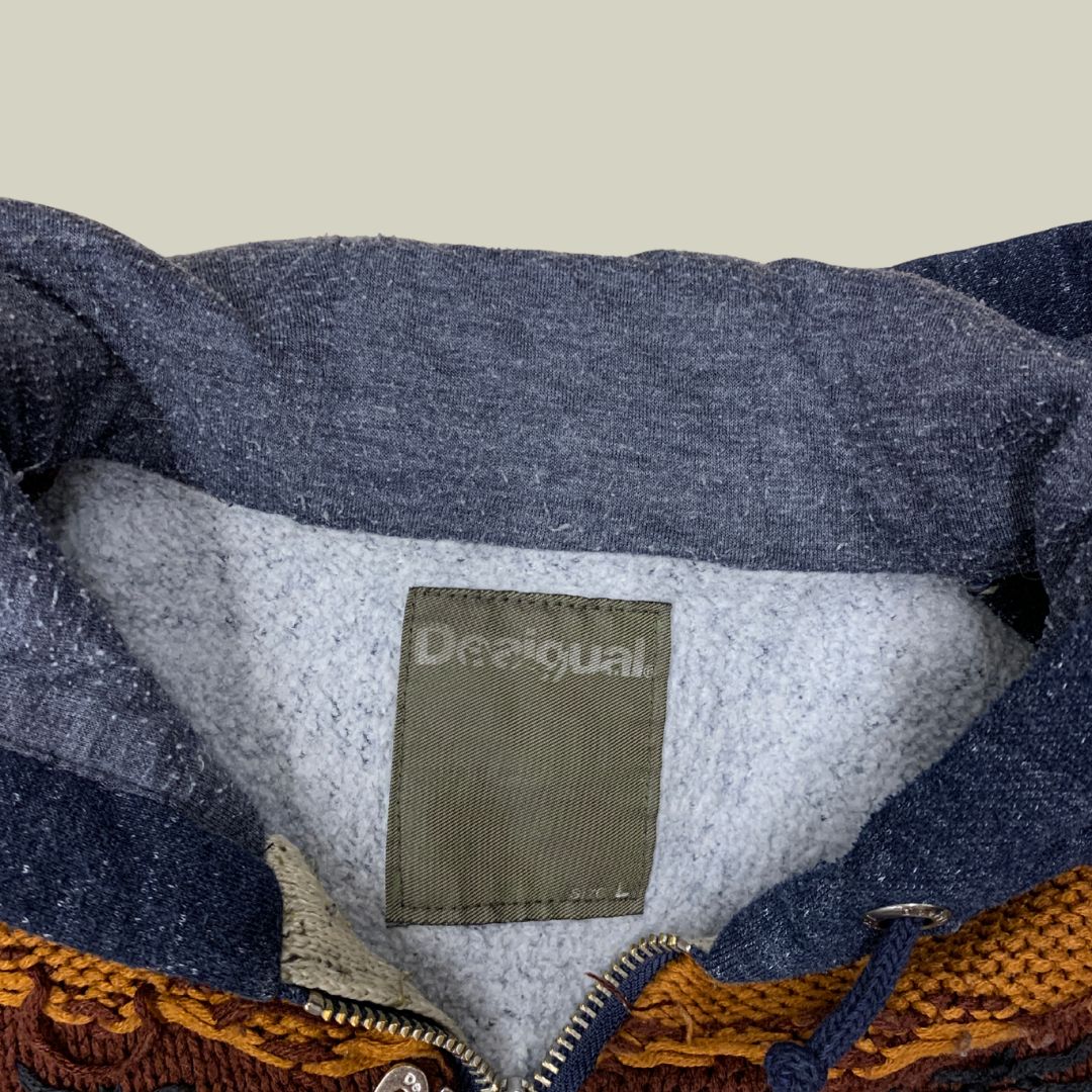 Vtg Desigual Hooded Knit-Panel Zip Sweatshirt – Blue & Earth Tones – Size M