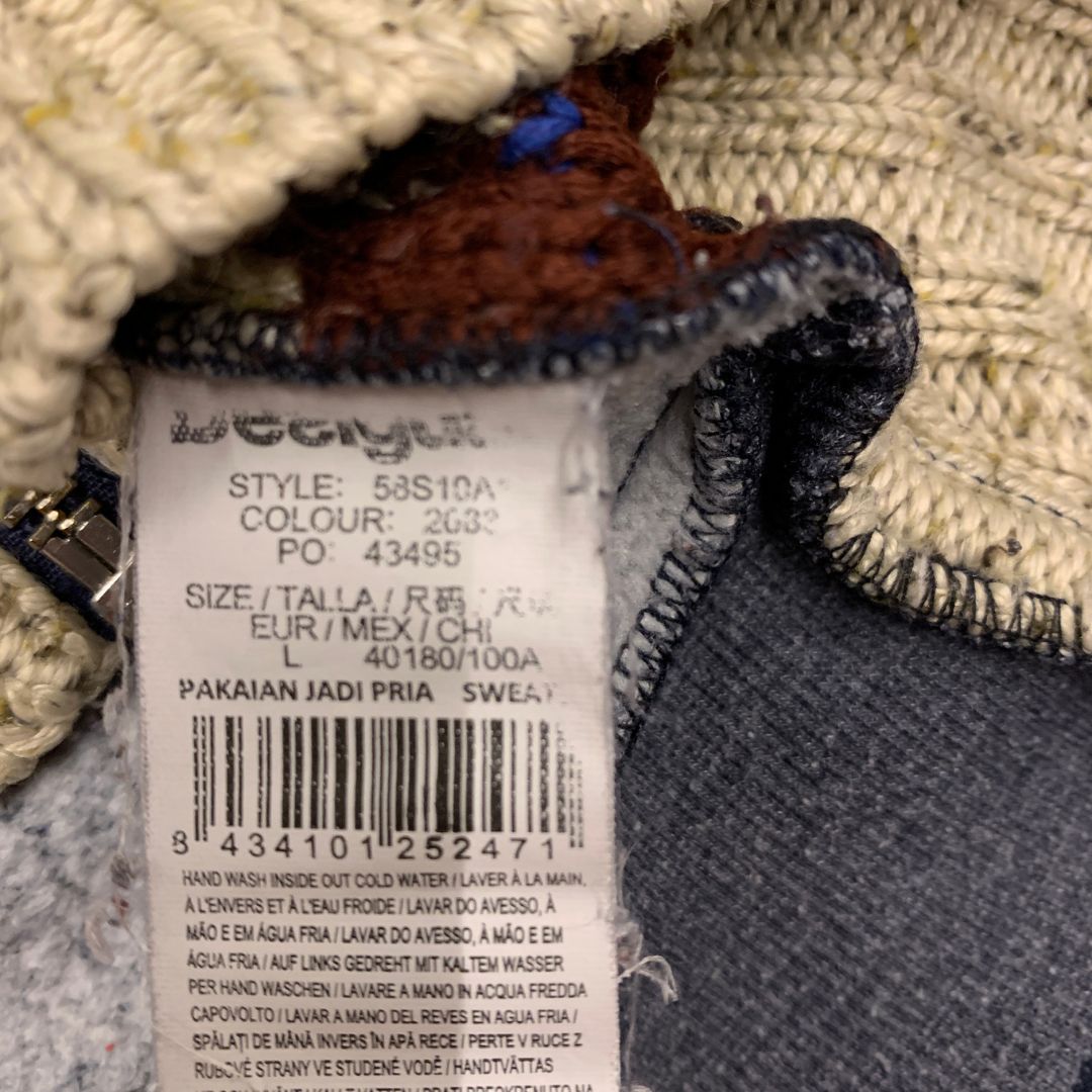 Vtg Desigual Hooded Knit-Panel Zip Sweatshirt – Blue & Earth Tones – Size M