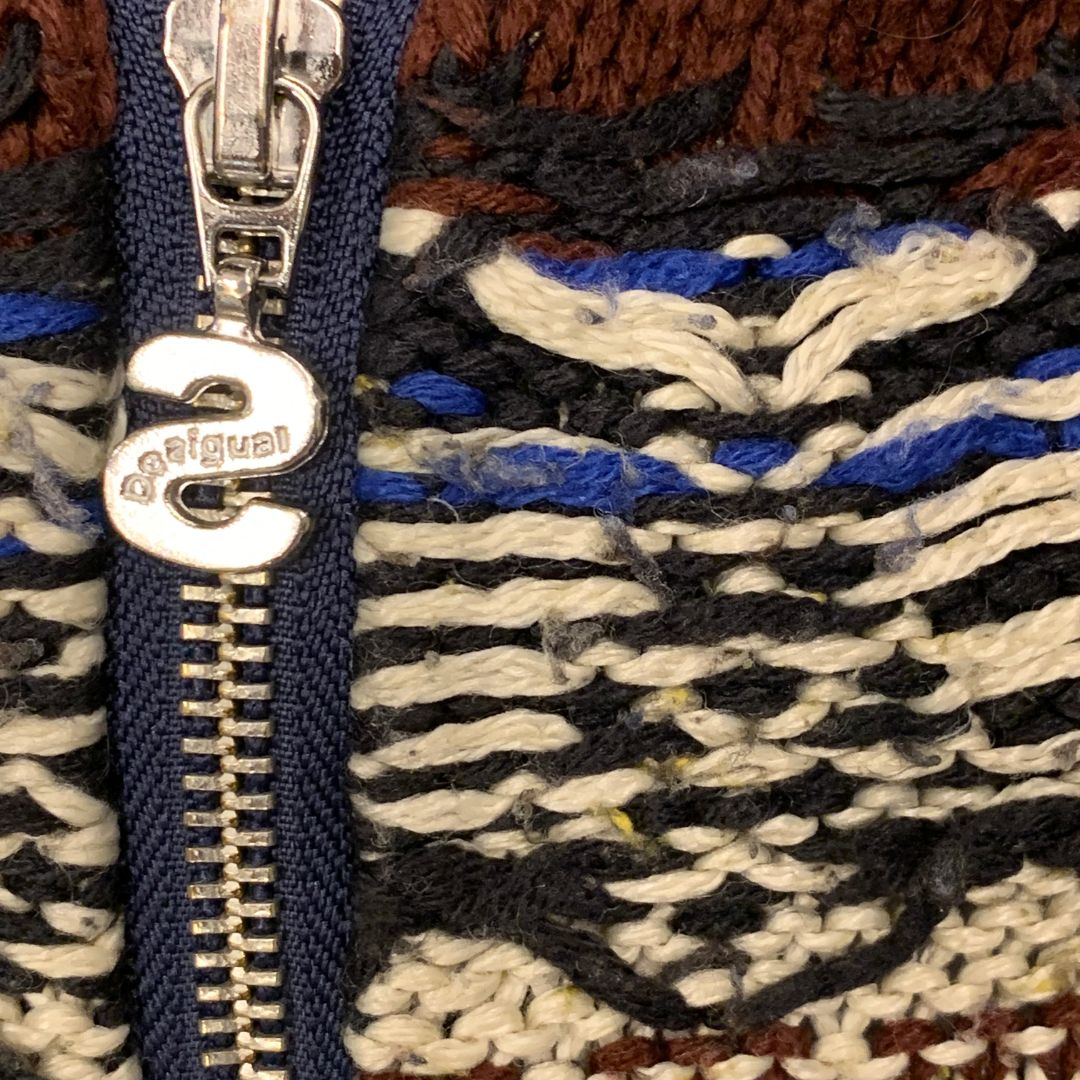 Vtg Desigual Hooded Knit-Panel Zip Sweatshirt – Blue & Earth Tones – Size M