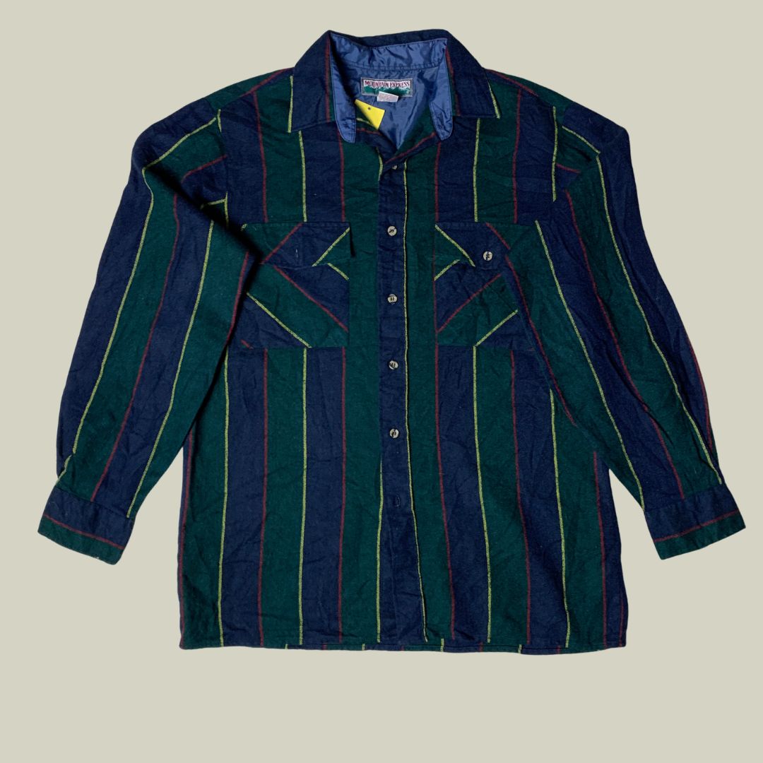 Vintage 80s Mountain Express Striped Heavyweight Shirt – Bold Green & Navy Pattern – Made in Ukraine