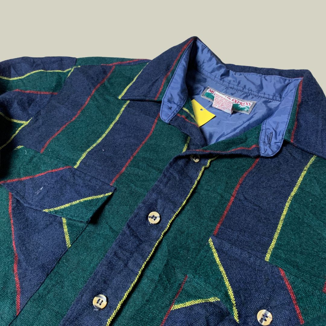 Vintage 80s Mountain Express Striped Heavyweight Shirt – Bold Green & Navy Pattern – Made in Ukraine