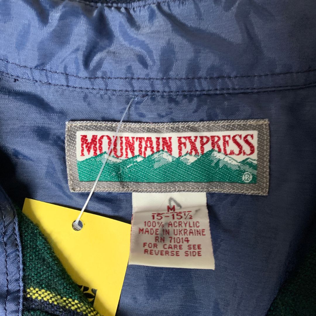 Vintage 80s Mountain Express Striped Heavyweight Shirt – Bold Green & Navy Pattern – Made in Ukraine