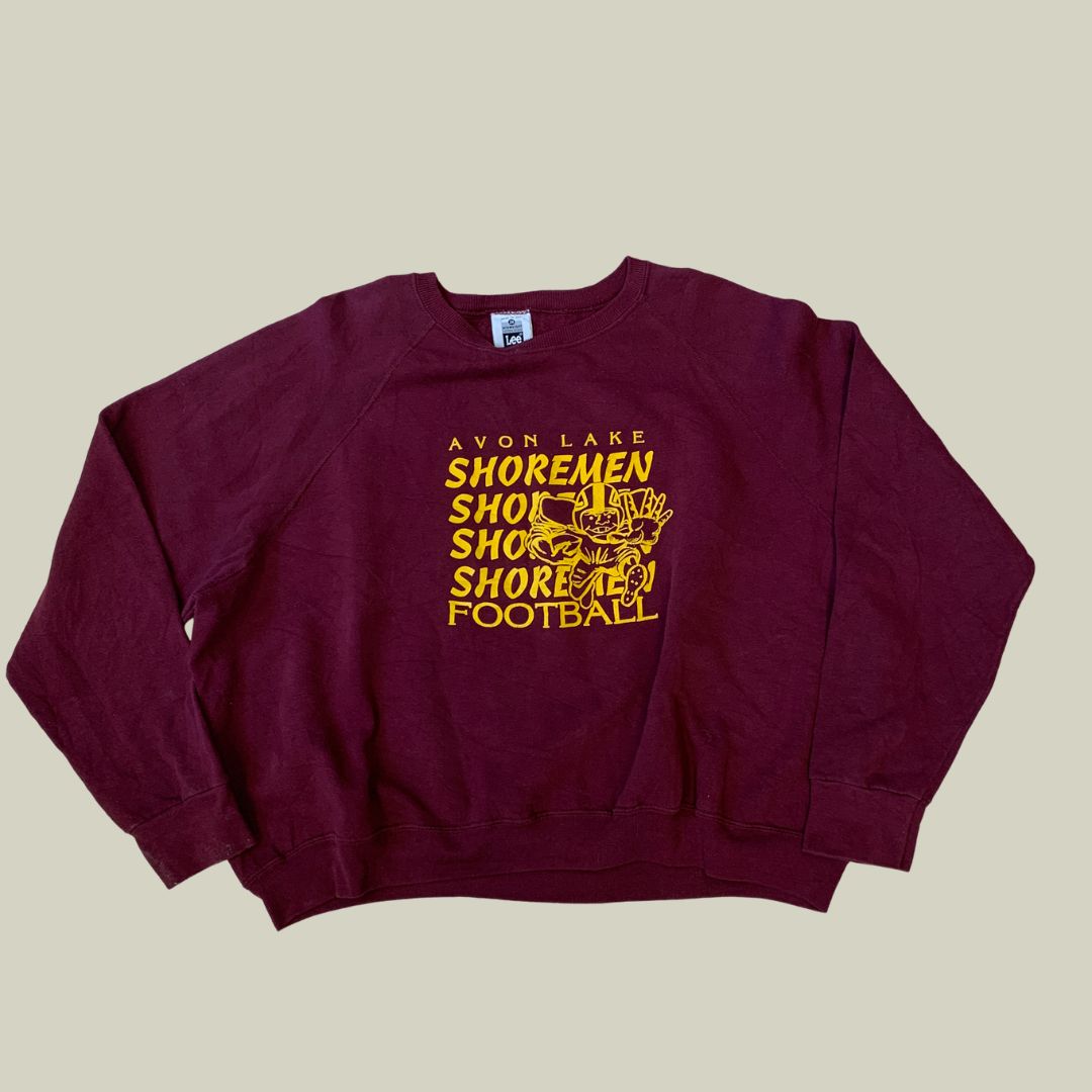 Vintage 90s Lee USA Sweatshirt – Avon Lake Shoremen Football – Maroon & Yellow Graphic – Made in USA