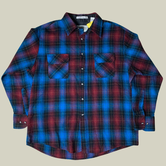 Vintage 90s Northwest Territory Plaid Flannel Shirt – Blue & Burgundy Fade – Made in Korea – XL