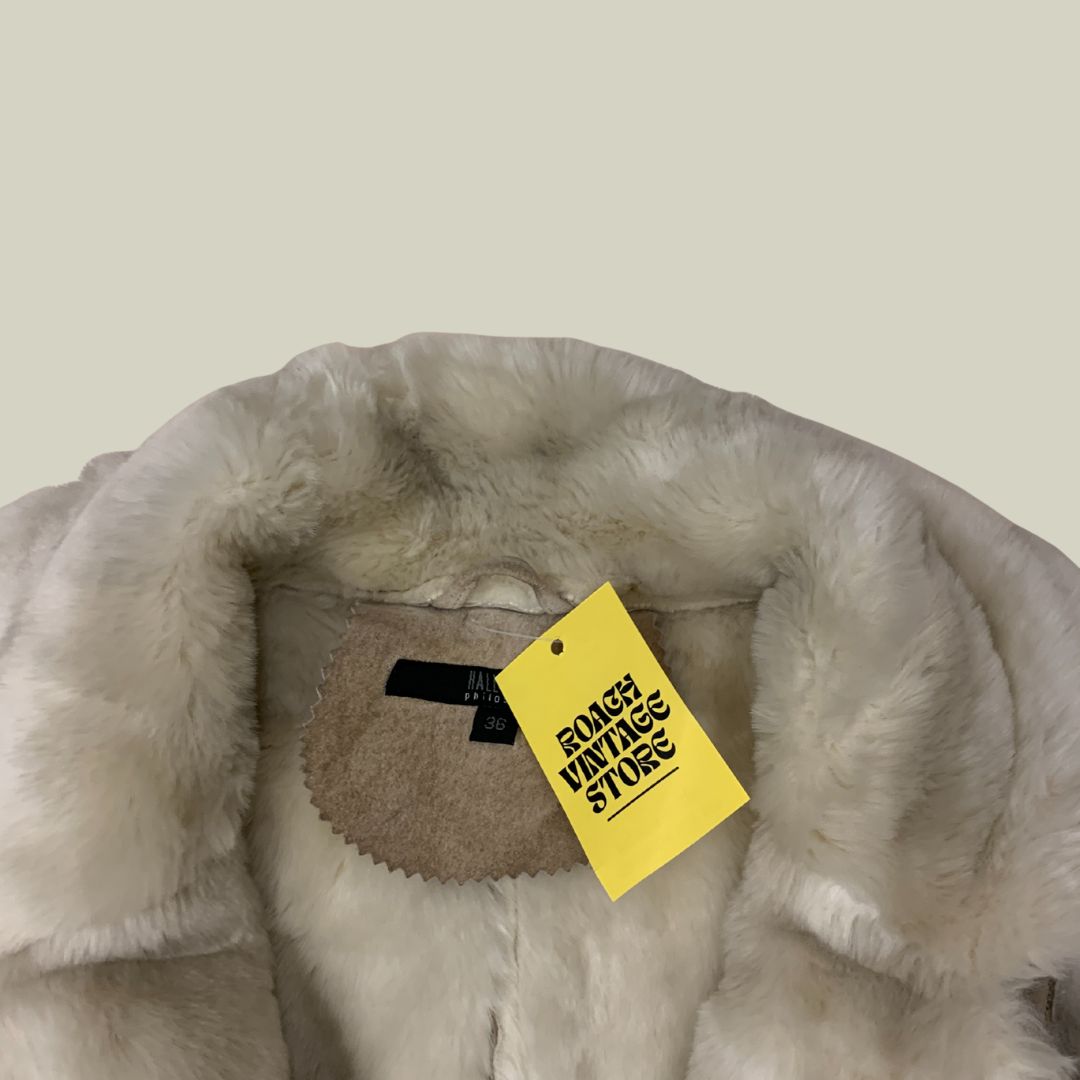 Vintage Beige Shearling-Style Long Coat – Size S