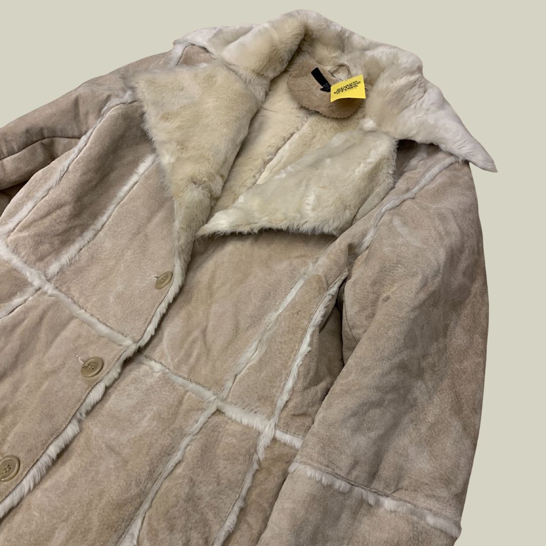 Vintage Beige Shearling-Style Long Coat – Size S