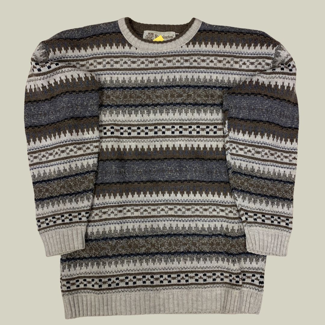 Vintage Kennington Patterned Knit Sweater – Grey Tones – Size L