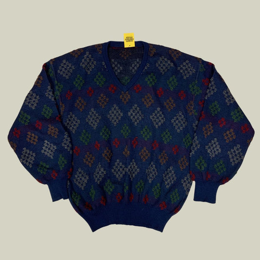 Vintage Italian Patterned Wool Blend V-Neck Sweater – Blue Geometric Knit – Made in Italy