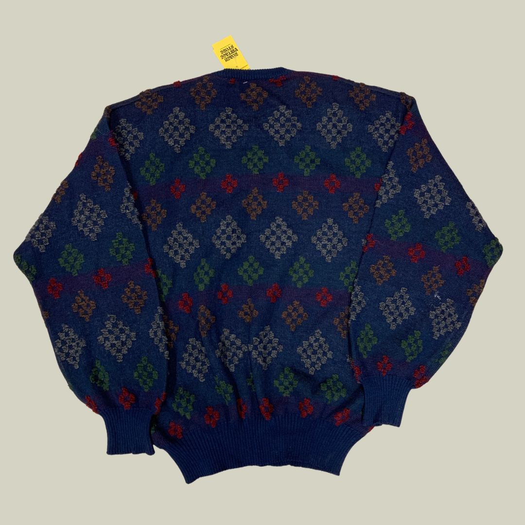 Vintage Italian Patterned Wool Blend V-Neck Sweater – Blue Geometric Knit – Made in Italy