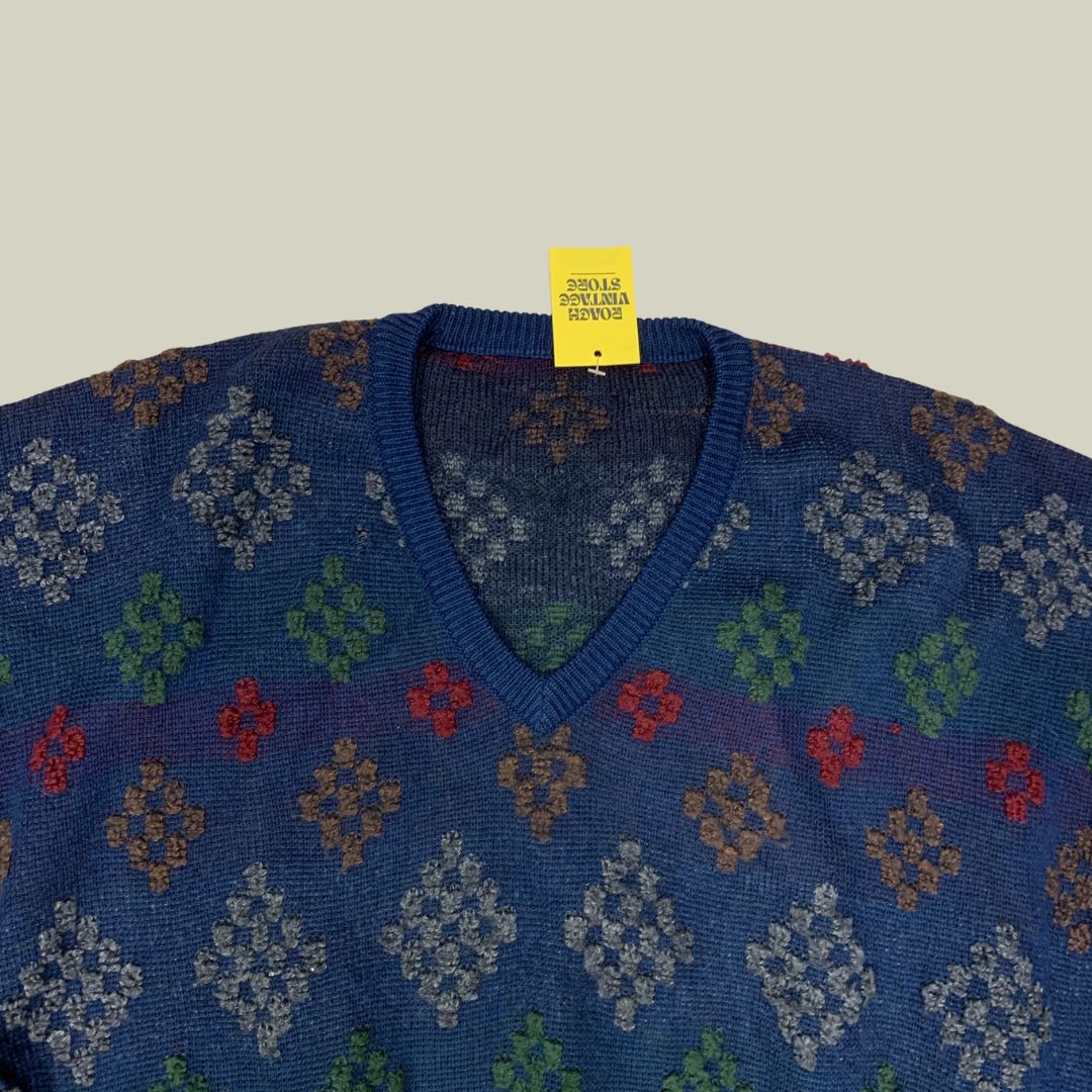 Vintage Italian Patterned Wool Blend V-Neck Sweater – Blue Geometric Knit – Made in Italy