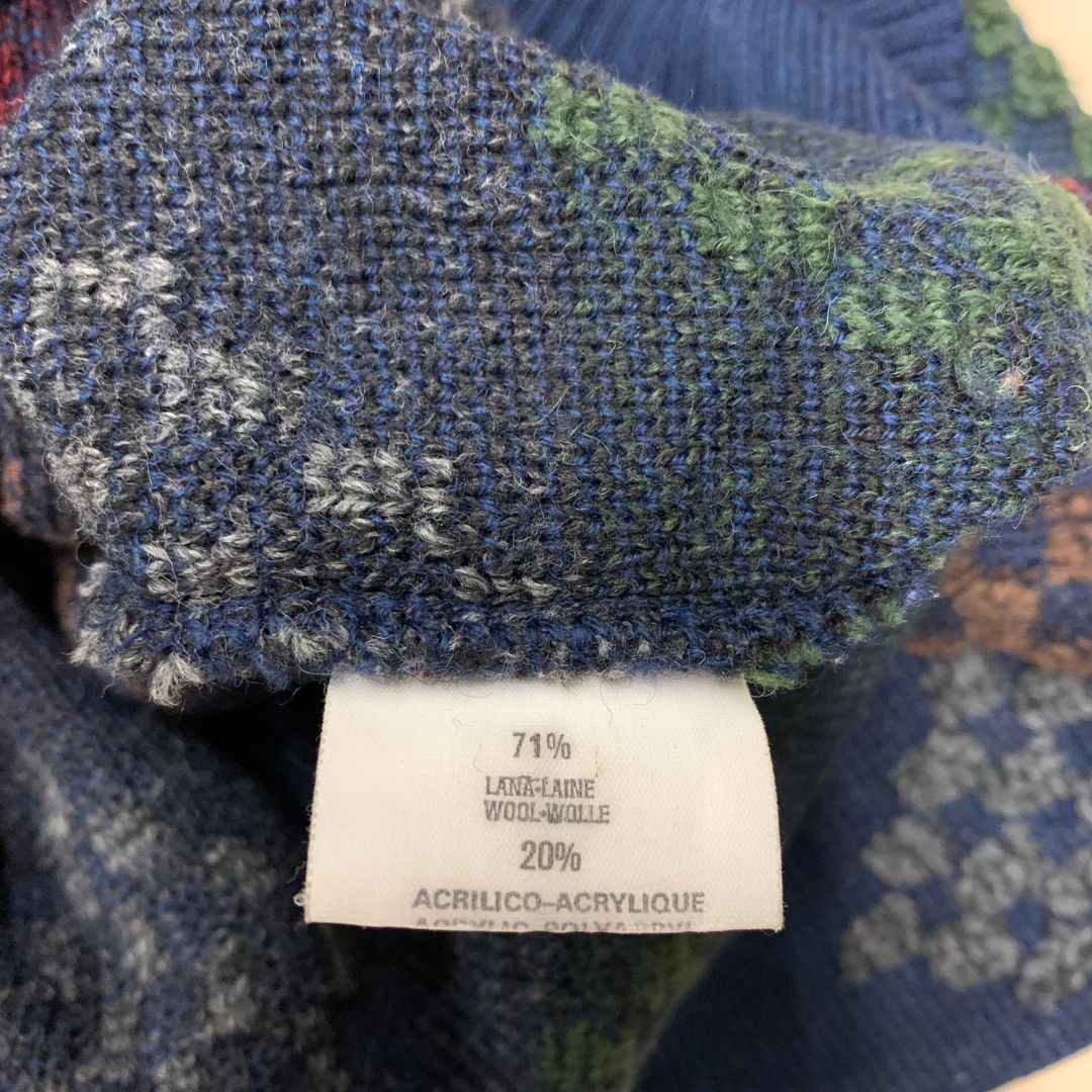 Vintage Italian Patterned Wool Blend V-Neck Sweater – Blue Geometric Knit – Made in Italy