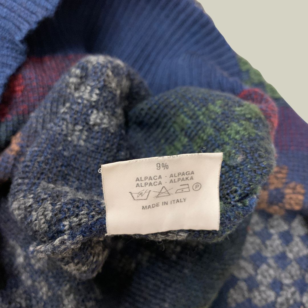 Vintage Italian Patterned Wool Blend V-Neck Sweater – Blue Geometric Knit – Made in Italy