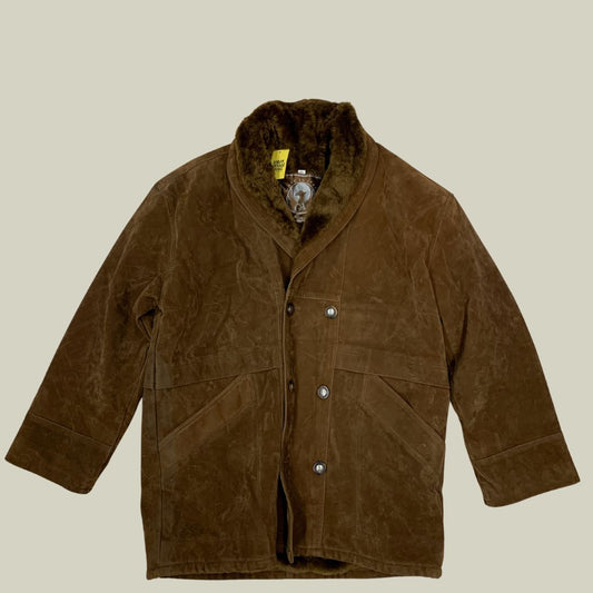 Vintage Italian Shearling Coat – Brown Faux Suede Jacket (XL)