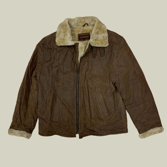 Vintage Maddox Shearling Lined Aviator Jacket Brown – Size XL – Faux Fur Collar – 90s Pilot Style