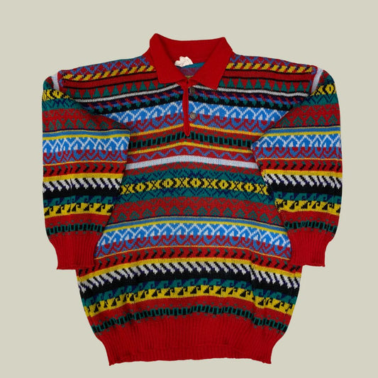 Vintage Multicolor Pattern Knit Polo Sweater