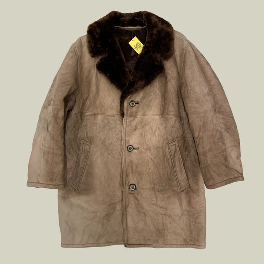 Vintage Shearling Coat — Brown Leather & Fur Collar (XL)