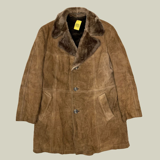 Vintage Shearling Coat — Brown Suede & Fur Collar (L)