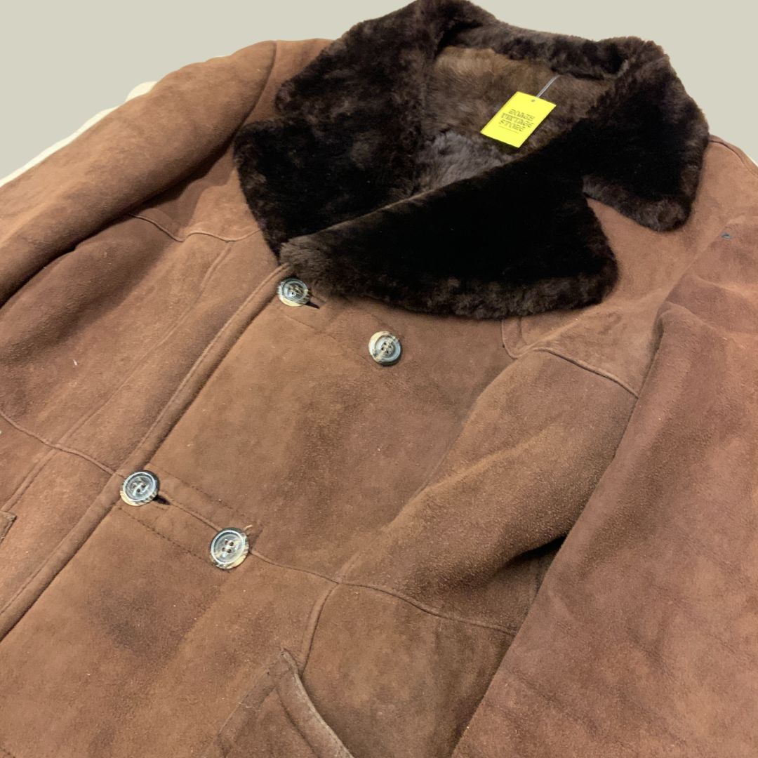 Vintage Shearling Double-Breasted Coat — Brown Suede (L)
