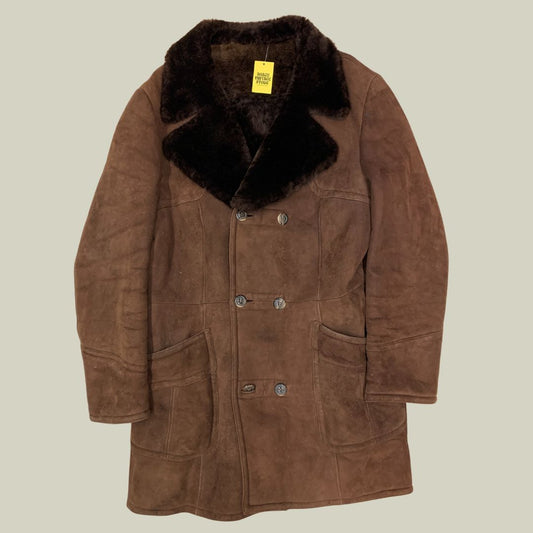 Vintage Shearling Double-Breasted Coat — Brown Suede (L)