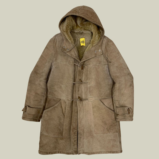 Vintage Shearling Duffle Coat with Hood – Beige Suede – Size M