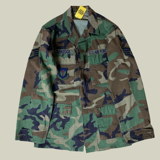 Vintage U.S. Air Force Woodland Camo BDU Jacket – “Semzock” Patch – 90s Military Coat
