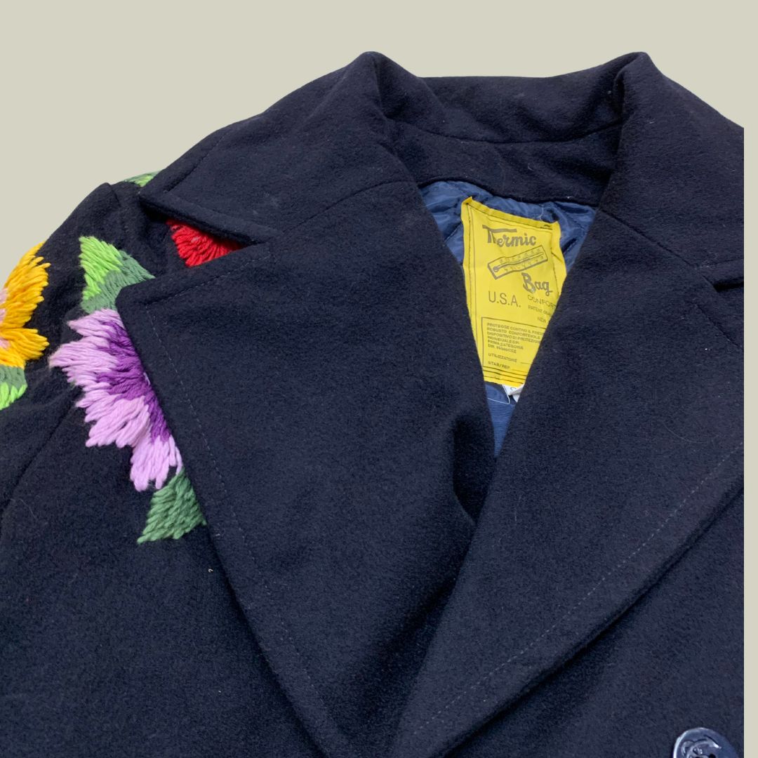 Vtg 2000s  Navy Peacoat – Custom Floral Embroidery (XS)